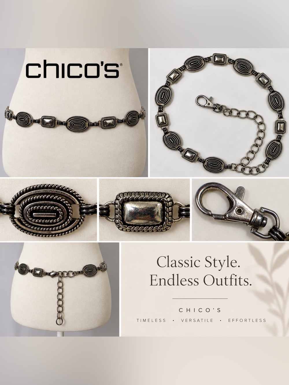 Chico’s Silver Tone Concho Belt Western Southwestern Adjustable Chain Boho